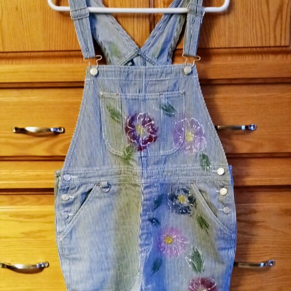 Vintage Artsy Painted Baccini Denim Jean Shortalls Shorts Overalls Sz L Striped - Picture 2 of 16